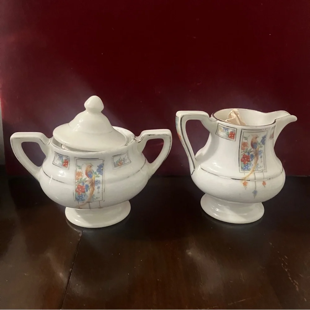 Vtg 1930s Fraunfelter Art Deco Royal Rochester Golden Pheasant Creamer & Sugar